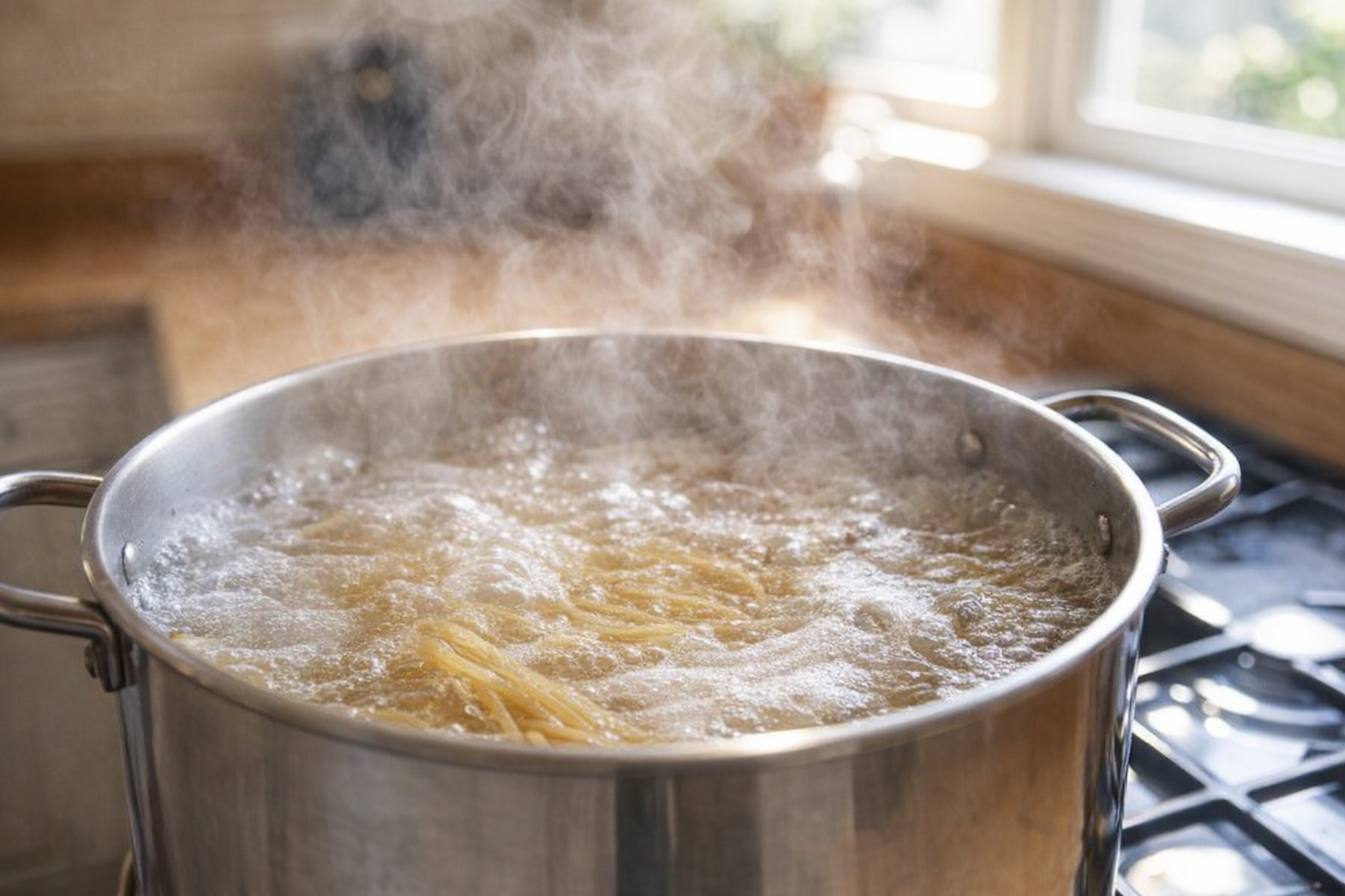 Pasta boiling vigorously in a large pot of salted water, steam rising, bright kitchen lighting